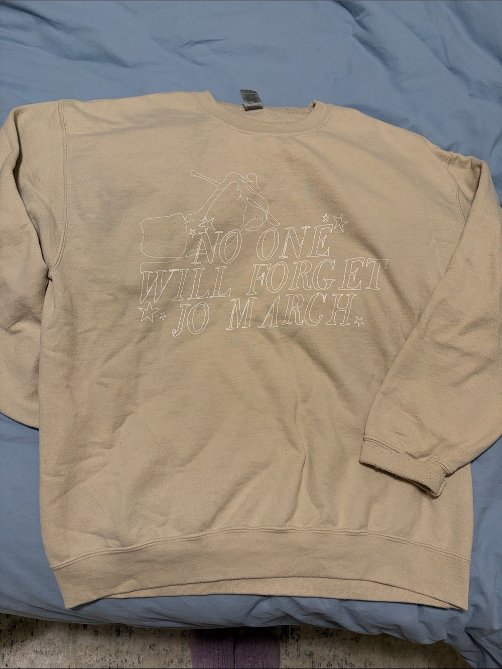 No One Will Forget Jo March Beige Crewneck Sweater